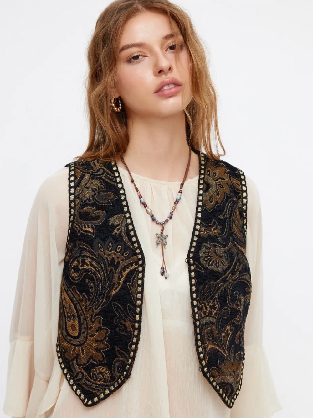 Cider Black Velvet Paisley Embroidered Vest with Gold Trim
